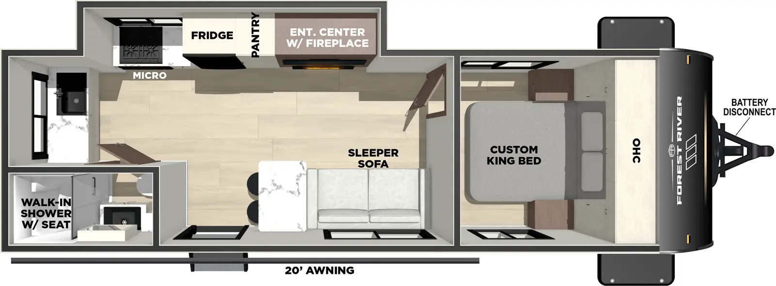 The Vibe 2500CK floorplan has one entry and one slide out. Exterior features include: fiberglass exterior and LAM awning. Interiors features include: front bedroom.